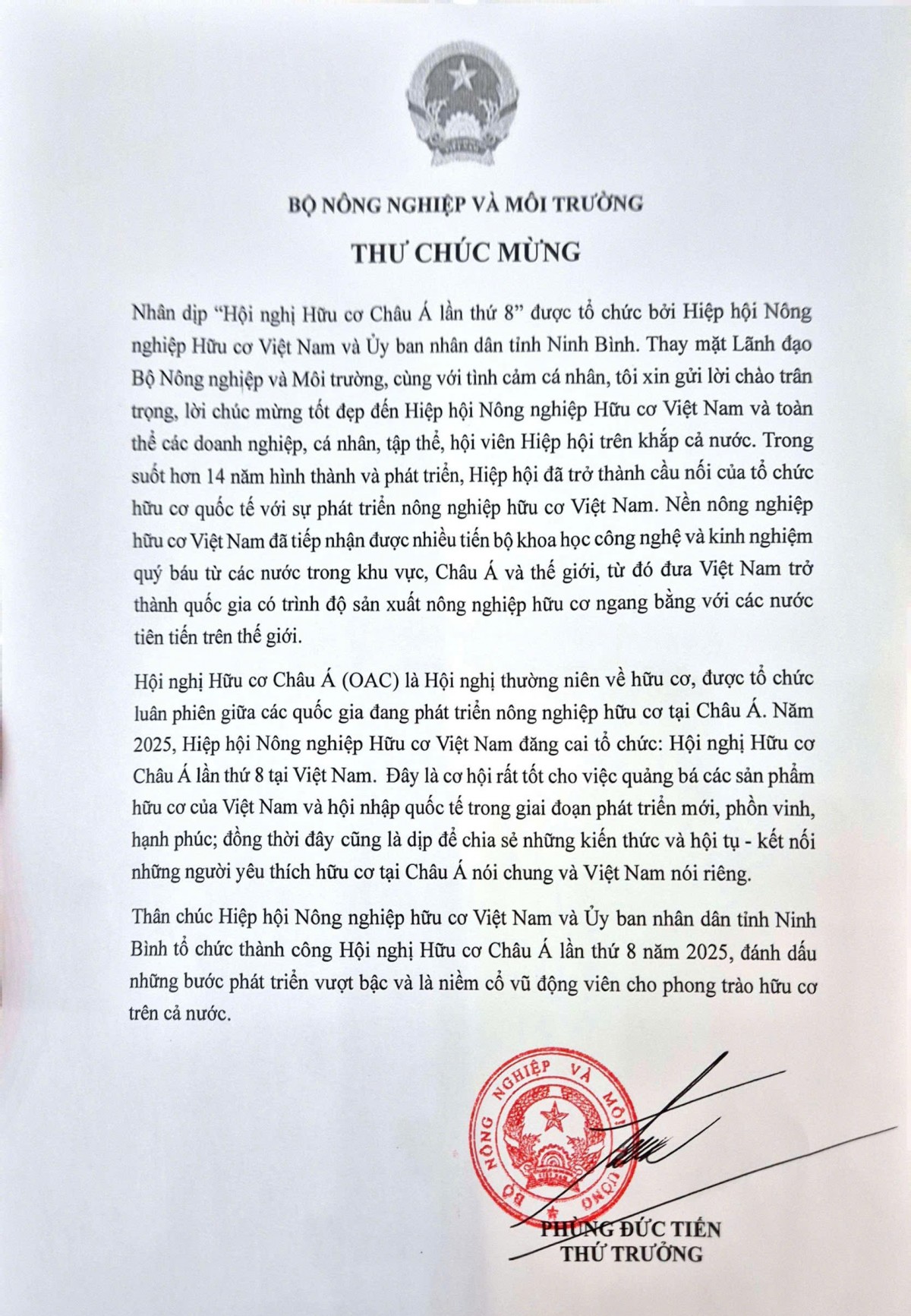 Bộ Nông nghiệp và Môi trường gửi thư chúc mừng “Hội nghị Hữu cơ Châu Á lần thứ 8"