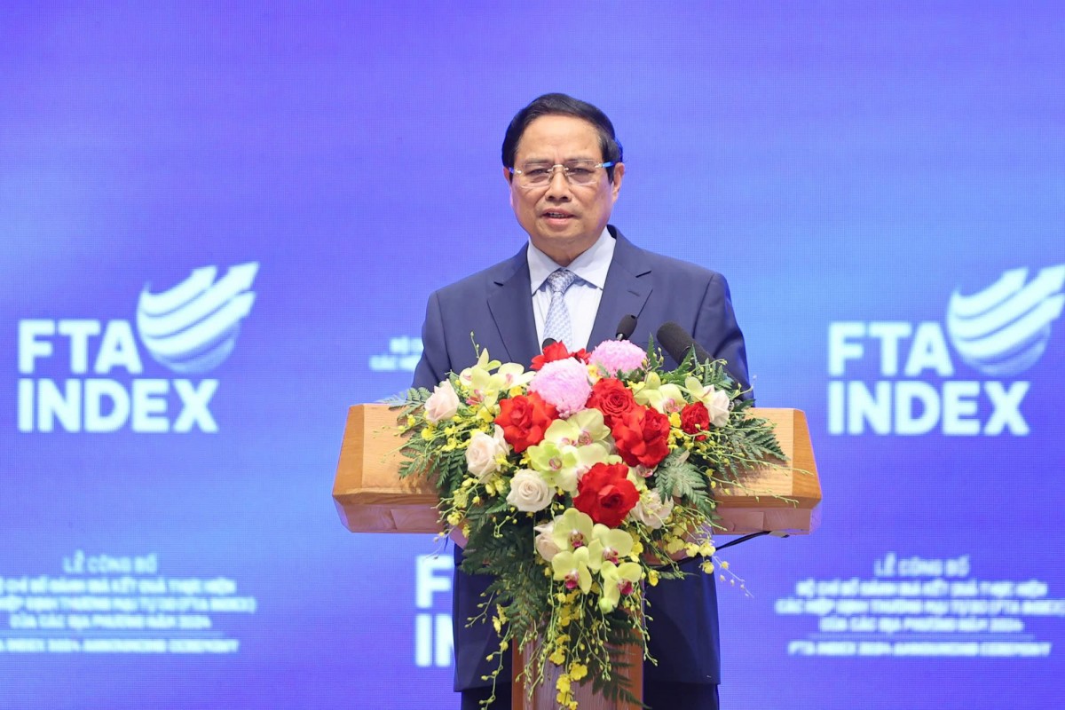 Thủ tướng Phạm Minh Chính dự lễ công bố Bộ chỉ số đánh giá kết quả thực hiện các hiệp định thương mại tự do (FTA Index) của các địa phương năm 2024, ngày 8/4/2025. Ảnh: Cổng Thông tin điện tử Chính phủ.