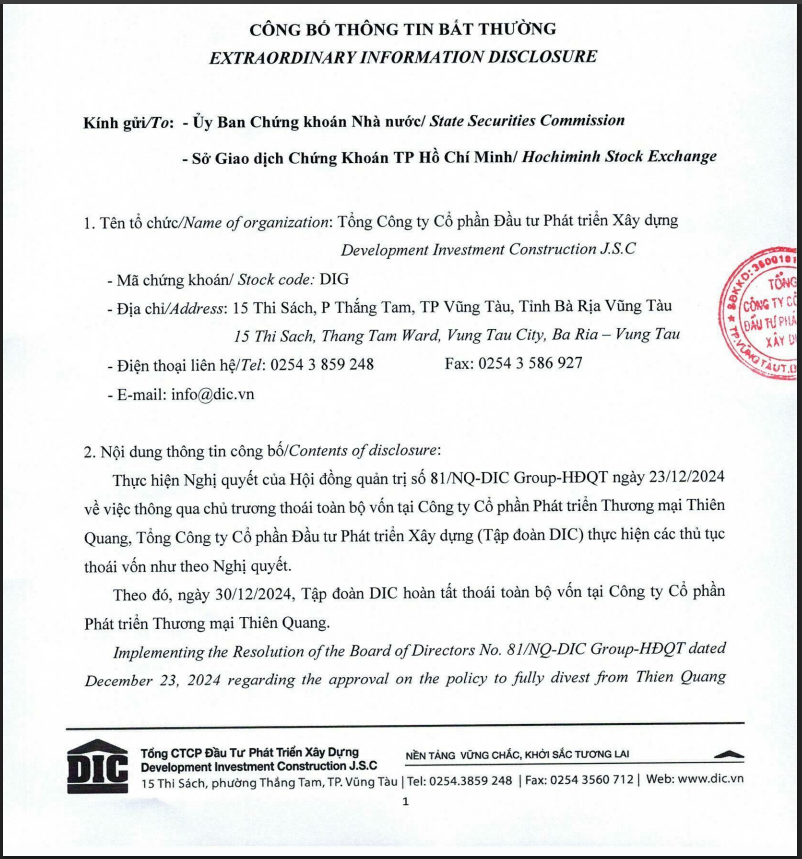 Thông tin DIG thoái vốn tại Thiên Quang.