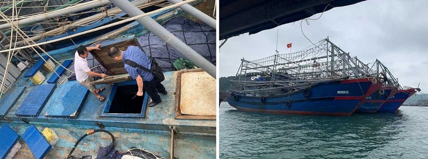 Cán bộ Chi cục Biển, Hải đảo và Thủy sản, kiểm ngư tổ chức kiểm tra điều kiện An toàn thực phẩm tàu cá.