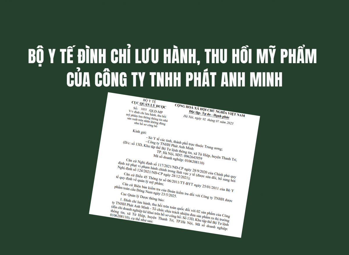 Bộ Y tế đình chỉ lưu hành, thu hồi mỹ phẩm của Công ty TNHH Phát Anh Minh